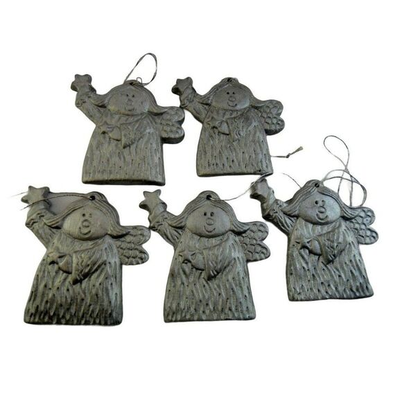 Angel Ornaments Set of 5 Boxed Ceramic All Same Silver Pattern Artsy Style - Picture 1 of 6